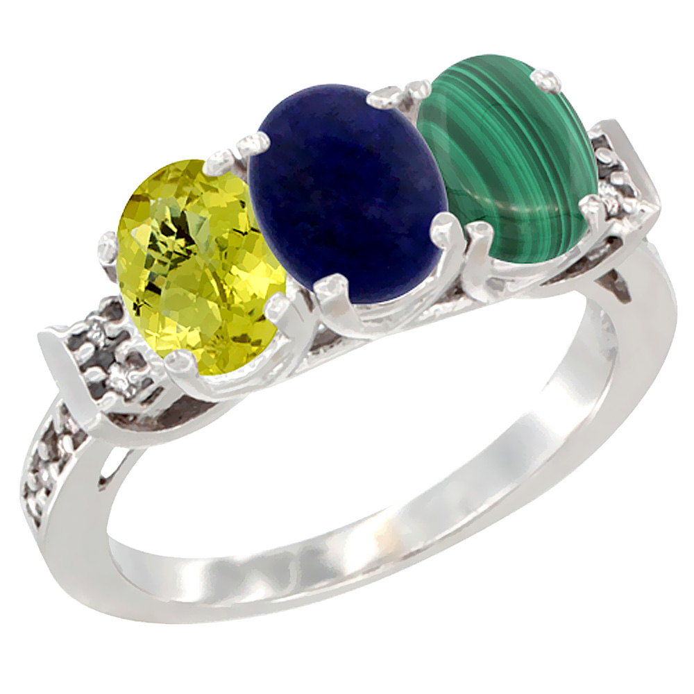 10K White Gold Natural Lemon Quartz, Lapis & Malachite Ring 3-Stone Oval 7x5 mm Diamond Accent, sizes 5 - 10