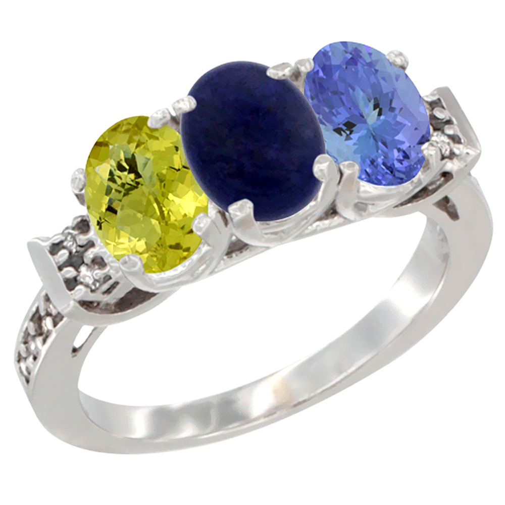10K White Gold Natural Lemon Quartz, Lapis & Tanzanite Ring 3-Stone Oval 7x5 mm Diamond Accent, sizes 5 - 10