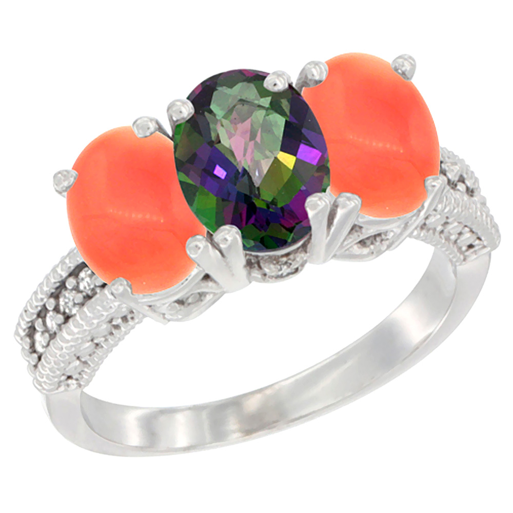 14K White Gold Natural Mystic Topaz Ring with Coral 3-Stone 7x5 mm Oval Diamond Accent, sizes 5 - 10