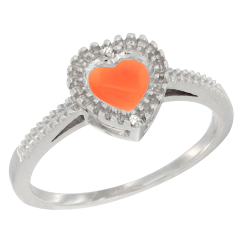 14K White Gold Natural Coral Ring Heart 6x6 mm, sizes 5 - 10