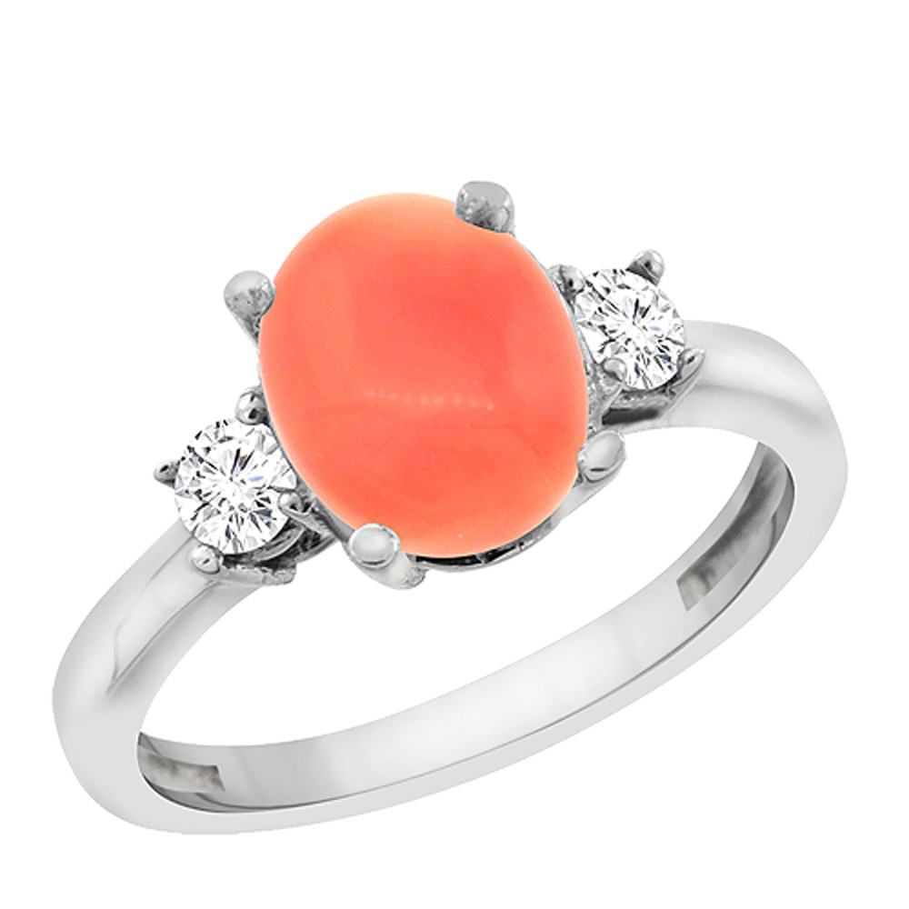 14K White Gold Natural Coral Engagement Ring Oval 10x8 mm Diamond Sides, sizes 5 - 10