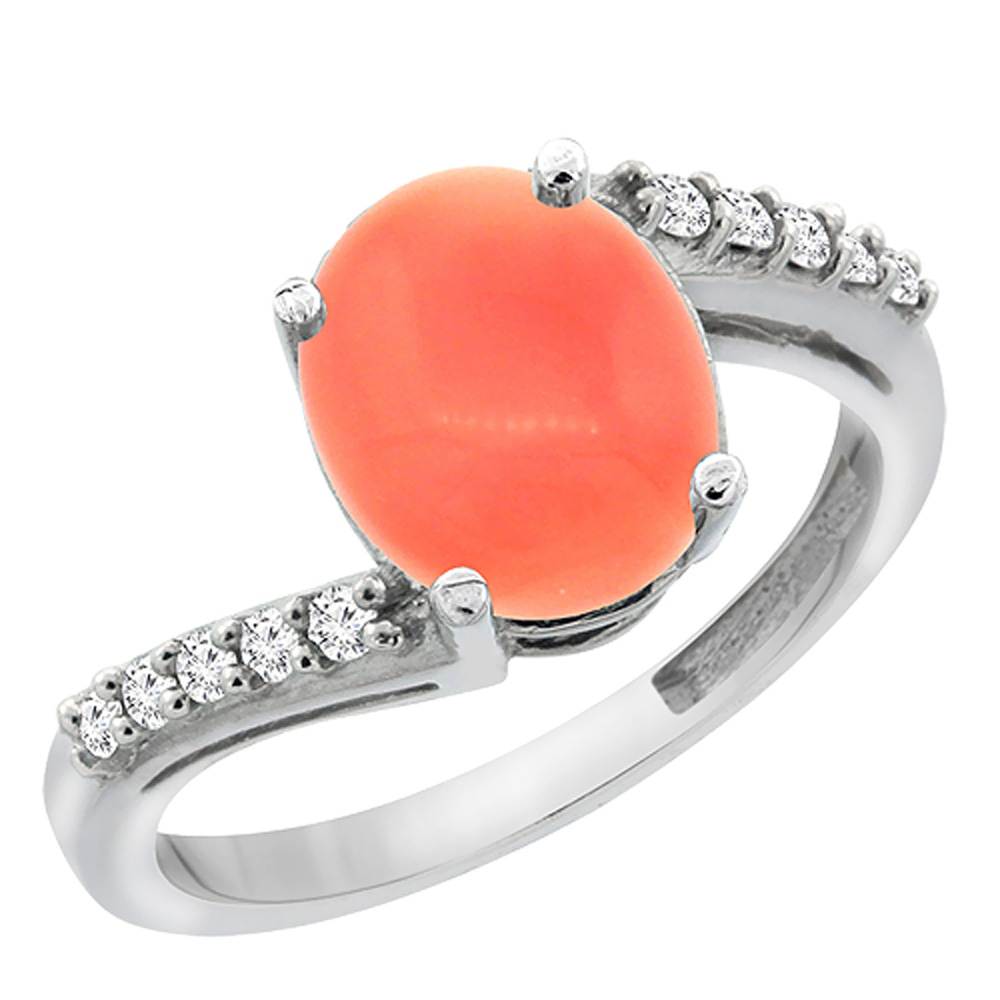 14K White Gold Diamond Natural Coral Engagement Ring Oval 10x8mm, sizes 5-10
