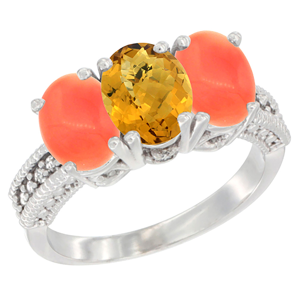 10K White Gold Diamond Natural Whisky Quartz & Coral Ring 3-Stone 7x5 mm Oval, sizes 5 - 10