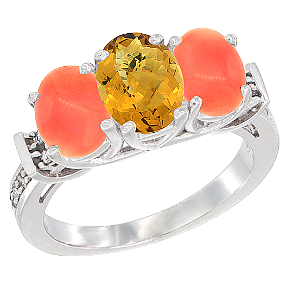 10K White Gold Natural Whisky Quartz & Coral Sides Ring 3-Stone Oval Diamond Accent, sizes 5 - 10