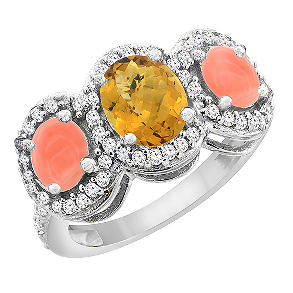 10K White Gold Natural Whisky Quartz & Coral 3-Stone Ring Oval Diamond Accent, sizes 5 - 10