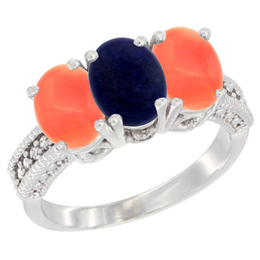 10K White Gold Diamond Natural Lapis & Coral Ring 3-Stone 7x5 mm Oval, sizes 5 - 10