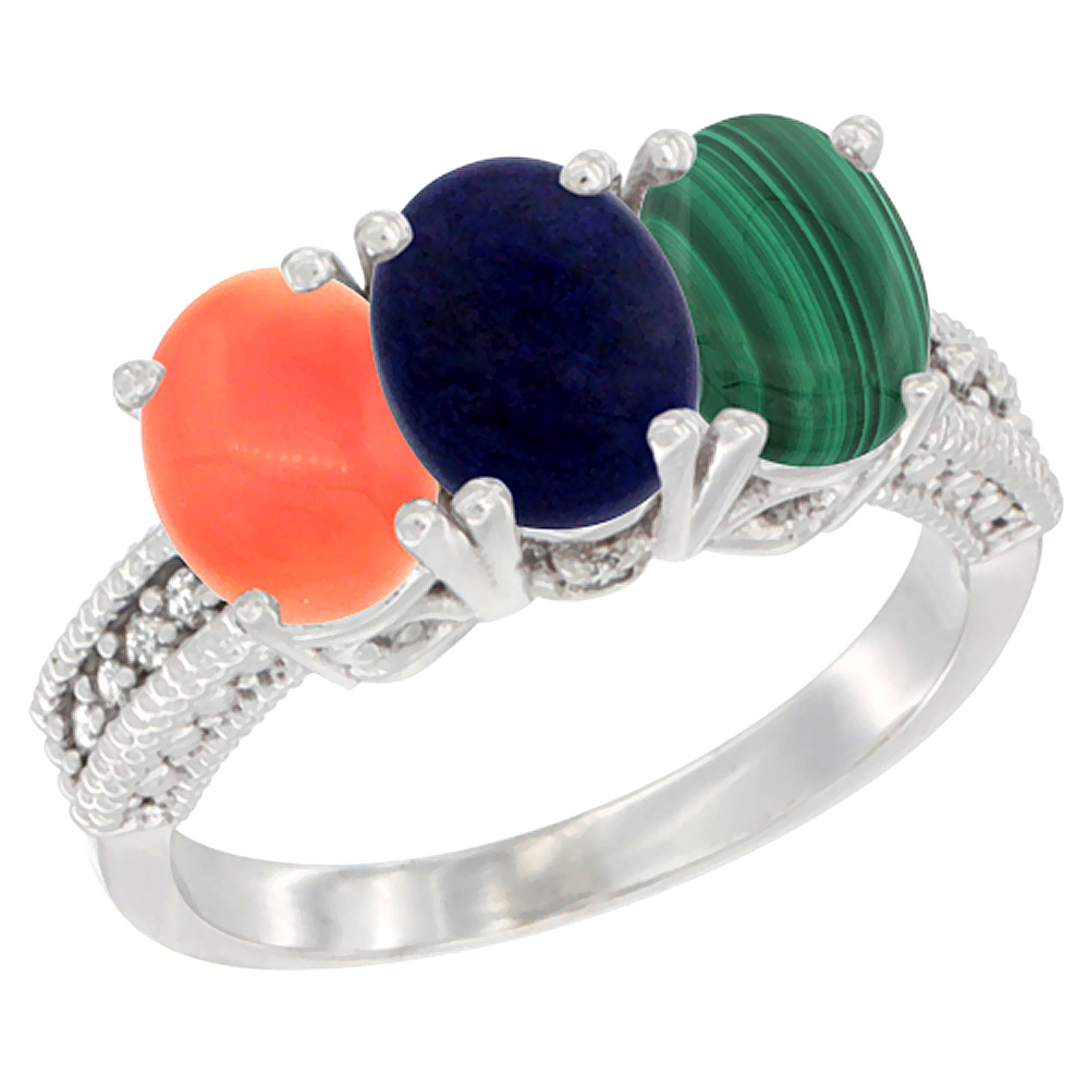 10K White Gold Diamond Natural Coral, Lapis & Malachite Ring 3-Stone 7x5 mm Oval, sizes 5 - 10