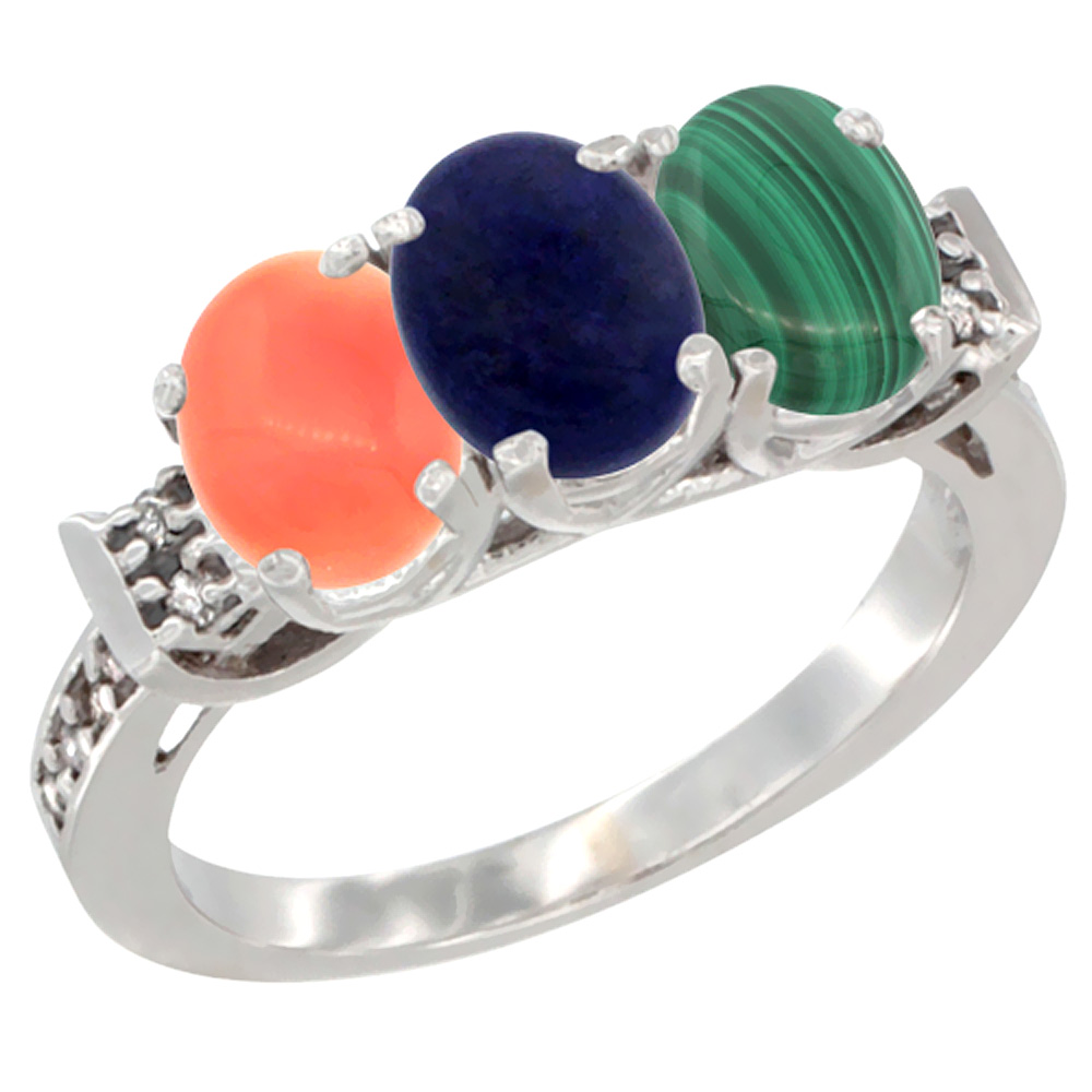 10K White Gold Natural Coral, Lapis & Malachite Ring 3-Stone Oval 7x5 mm Diamond Accent, sizes 5 - 10