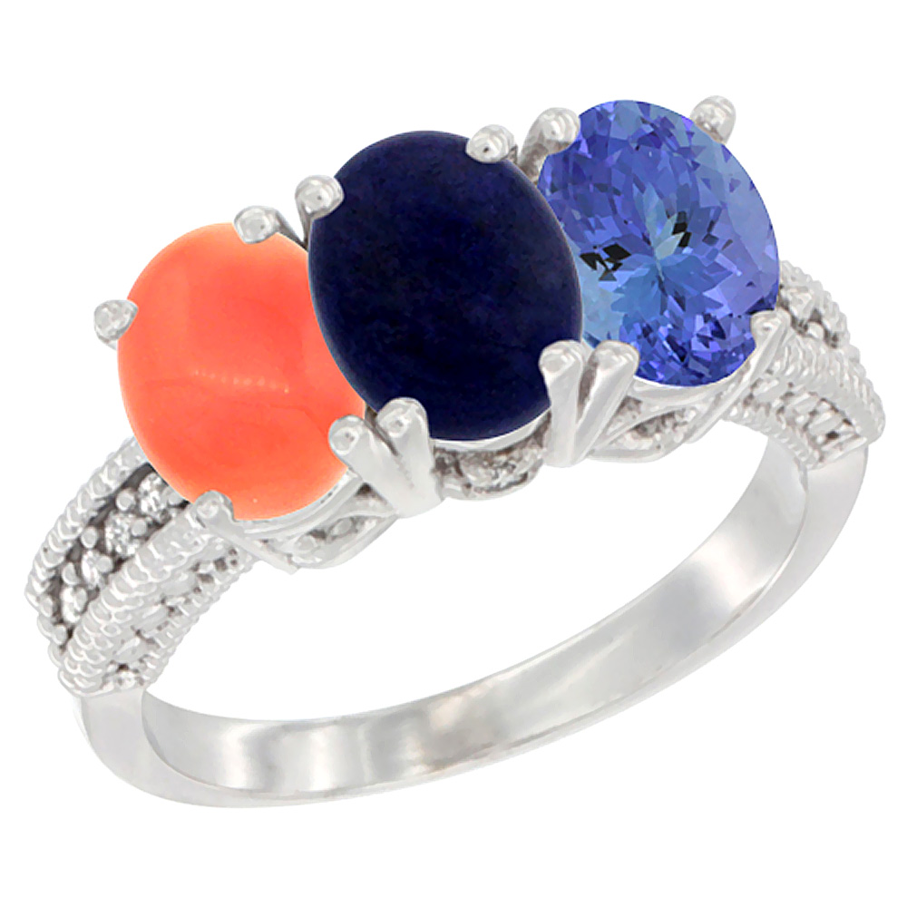 10K White Gold Diamond Natural Coral, Lapis & Tanzanite Ring 3-Stone 7x5 mm Oval, sizes 5 - 10