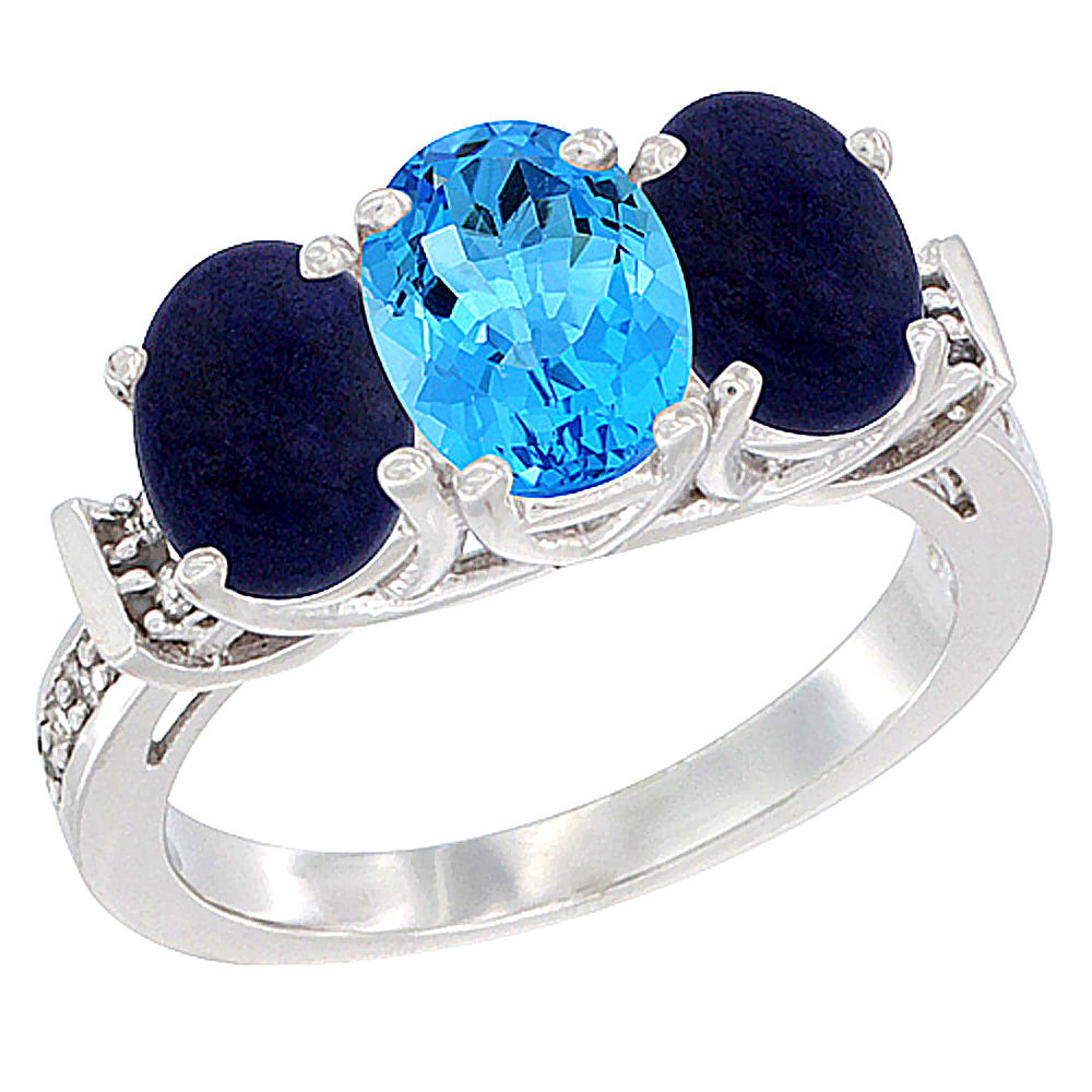 14K White Gold Natural Swiss Blue Topaz & Lapis Sides Ring 3-Stone Oval Diamond Accent, sizes 5 - 10