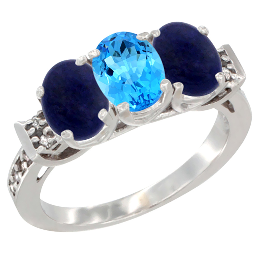 14K White Gold Natural Swiss Blue Topaz & Lapis Ring 3-Stone 7x5 mm Oval Diamond Accent, sizes 5 - 10