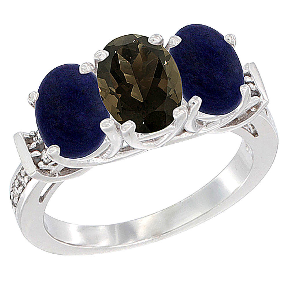 14K White Gold Natural Smoky Topaz & Lapis Sides Ring 3-Stone Oval Diamond Accent, sizes 5 - 10