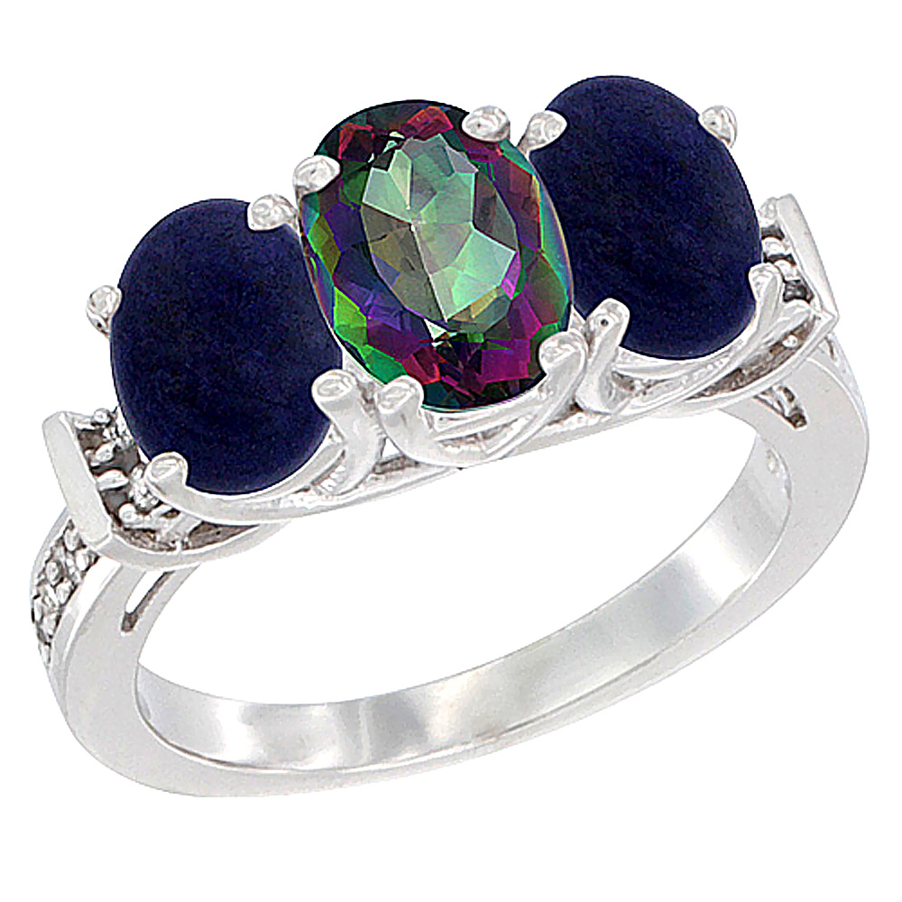 14K White Gold Natural Mystic Topaz & Lapis Sides Ring 3-Stone Oval Diamond Accent, sizes 5 - 10
