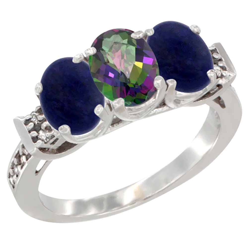 14K White Gold Natural Mystic Topaz & Lapis Ring 3-Stone 7x5 mm Oval Diamond Accent, sizes 5 - 10
