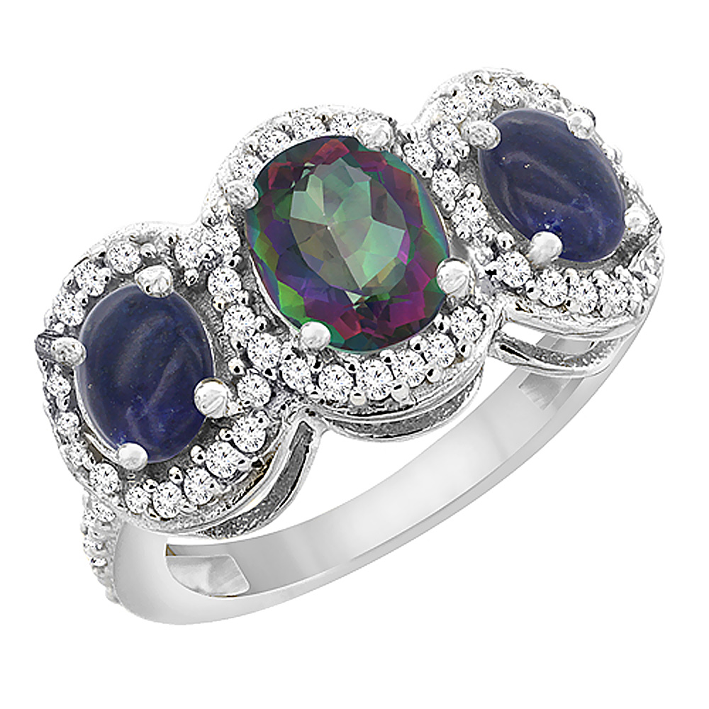 14K White Gold Natural Mystic Topaz & Lapis 3-Stone Ring Oval Diamond Accent, sizes 5 - 10