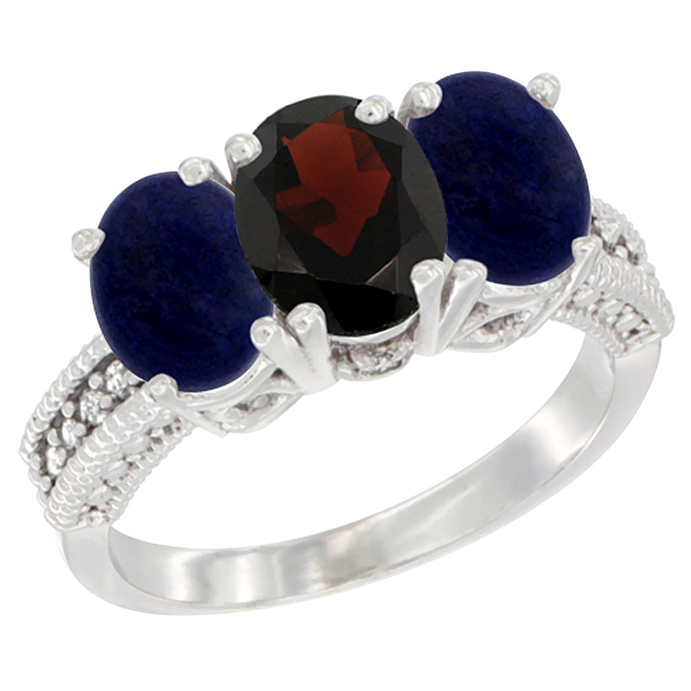 10K White Gold Diamond Natural Garnet & Lapis Ring 3-Stone 7x5 mm Oval, sizes 5 - 10