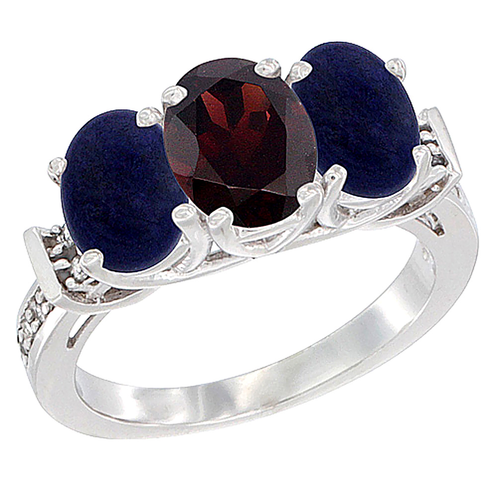 14K White Gold Natural Garnet & Lapis Sides Ring 3-Stone Oval Diamond Accent, sizes 5 - 10