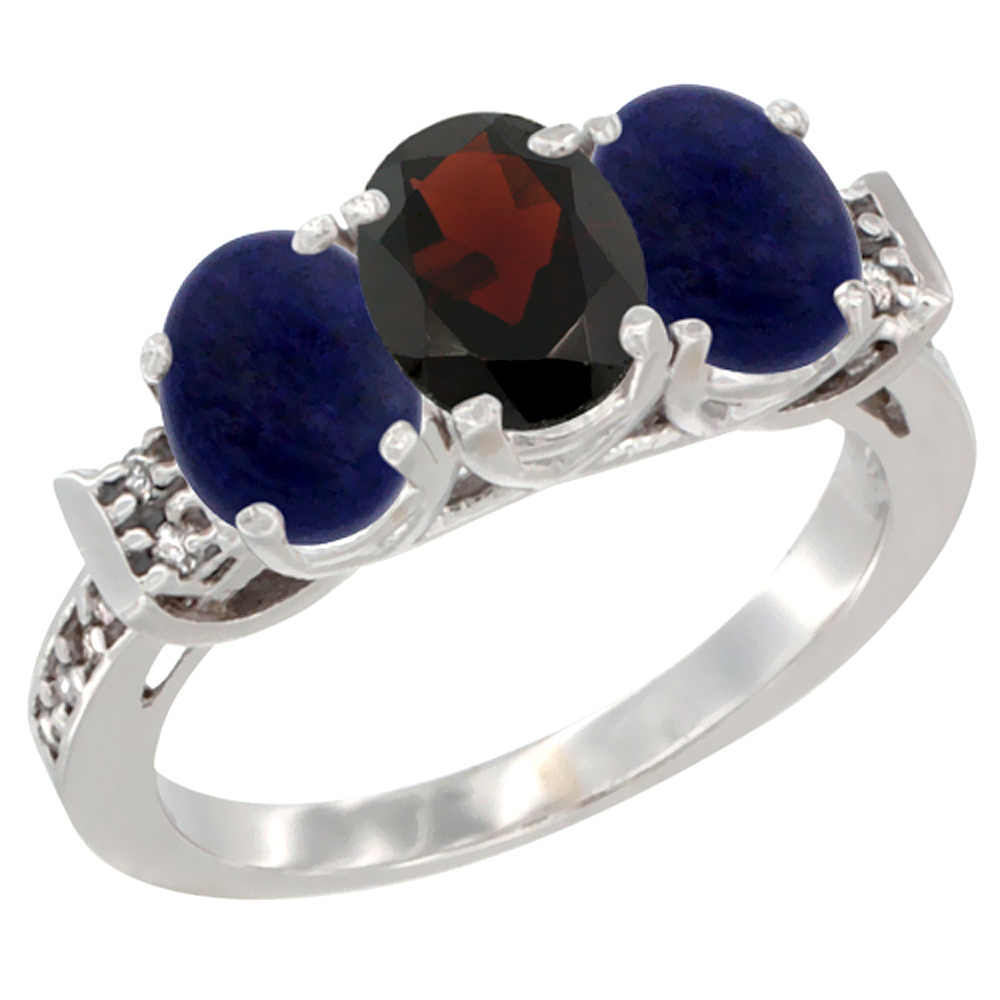 14K White Gold Natural Garnet & Lapis Ring 3-Stone 7x5 mm Oval Diamond Accent, sizes 5 - 10