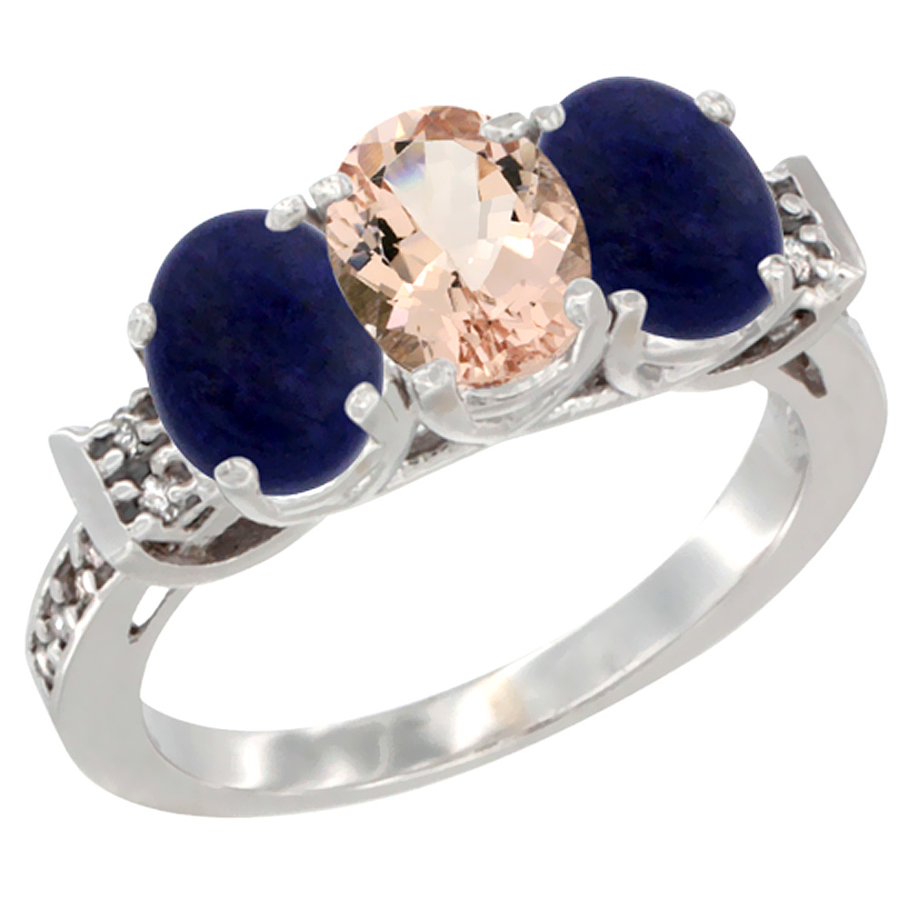 14K White Gold Natural Morganite & Lapis Ring 3-Stone 7x5 mm Oval Diamond Accent, sizes 5 - 10