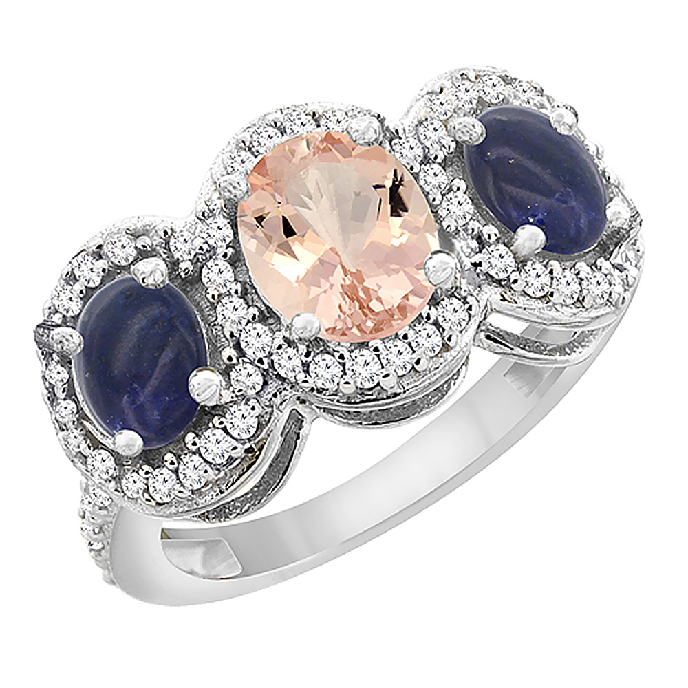 14K White Gold Natural Morganite & Lapis 3-Stone Ring Oval Diamond Accent, sizes 5 - 10