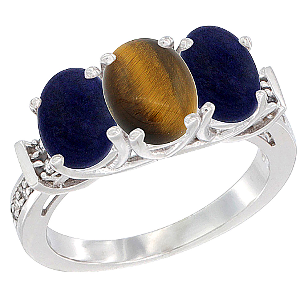 14K White Gold Natural Tiger Eye & Lapis Sides Ring 3-Stone Oval Diamond Accent, sizes 5 - 10
