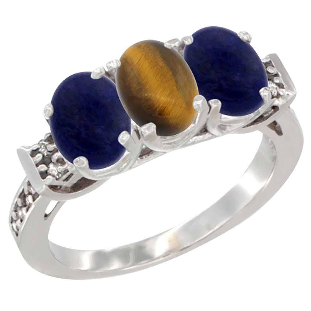 14K White Gold Natural Tiger Eye & Lapis Ring 3-Stone 7x5 mm Oval Diamond Accent, sizes 5 - 10