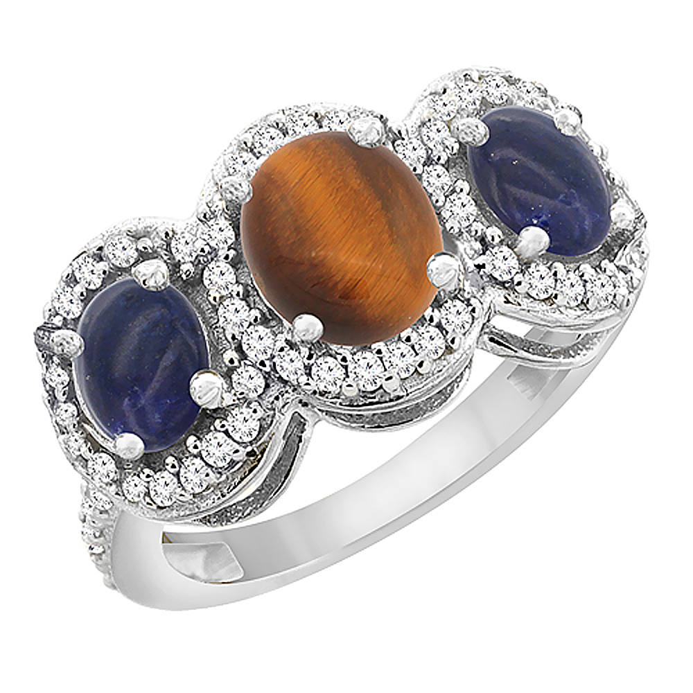 14K White Gold Natural Tiger Eye & Lapis 3-Stone Ring Oval Diamond Accent, sizes 5 - 10