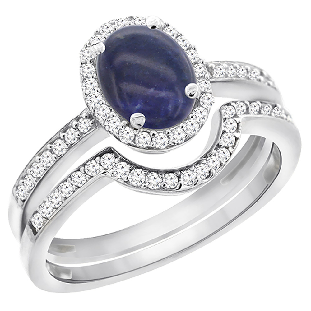 10K White Gold Diamond Natural Lapis 2-Pc. Engagement Ring Set Oval 8x6 mm, sizes 5 - 10
