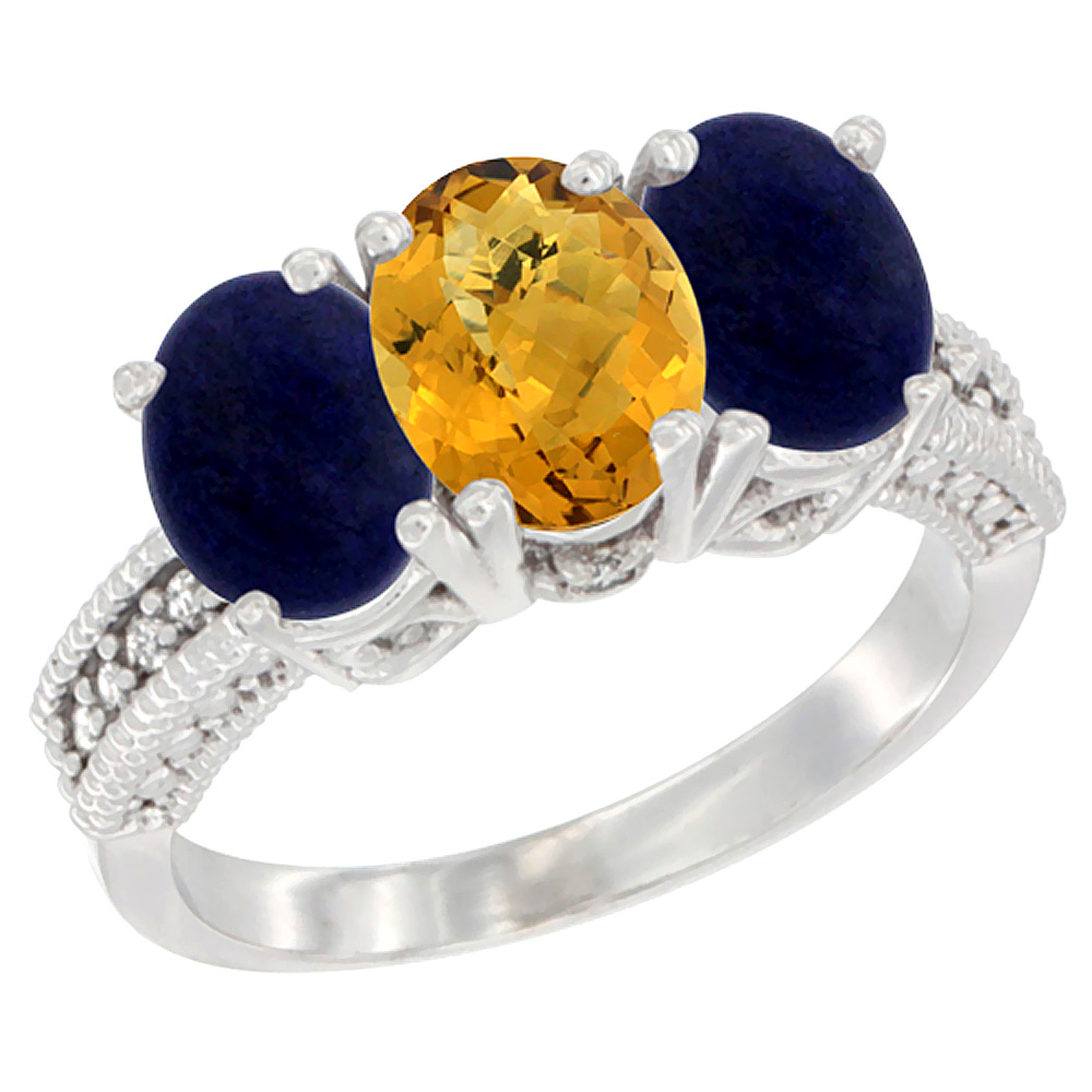 10K White Gold Diamond Natural Whisky Quartz & Lapis Ring 3-Stone 7x5 mm Oval, sizes 5 - 10