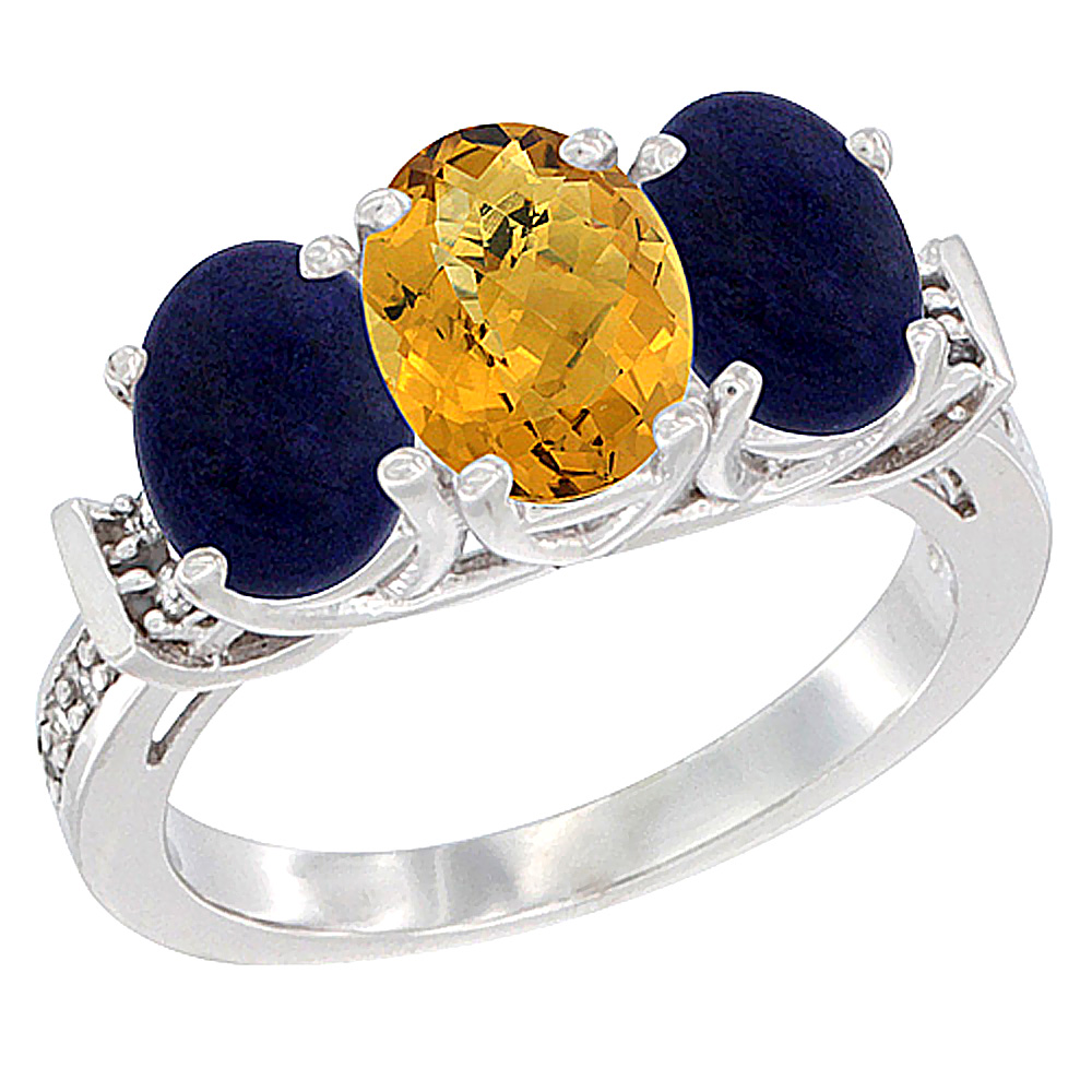 10K White Gold Natural Whisky Quartz & Lapis Sides Ring 3-Stone Oval Diamond Accent, sizes 5 - 10