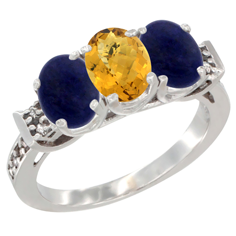 10K White Gold Natural Whisky Quartz & Lapis Sides Ring 3-Stone Oval 7x5 mm Diamond Accent, sizes 5 - 10