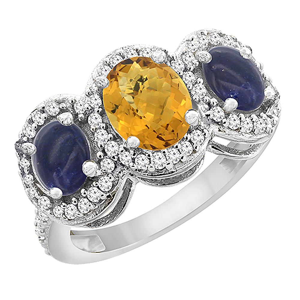 10K White Gold Natural Whisky Quartz & Lapis 3-Stone Ring Oval Diamond Accent, sizes 5 - 10