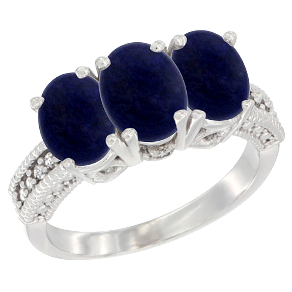 10K White Gold Diamond Natural Lapis Ring 3-Stone 7x5 mm Oval, sizes 5 - 10