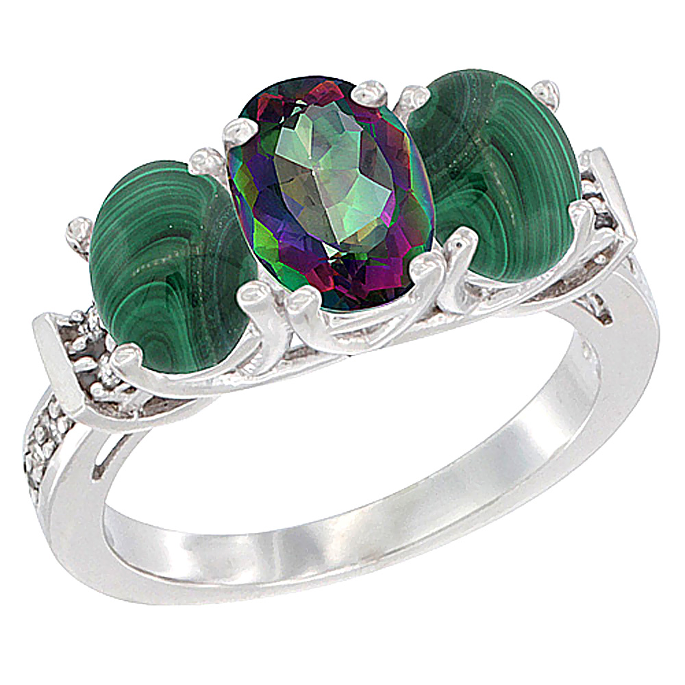 14K White Gold Natural Mystic Topaz & Malachite Sides Ring 3-Stone Oval Diamond Accent, sizes 5 - 10
