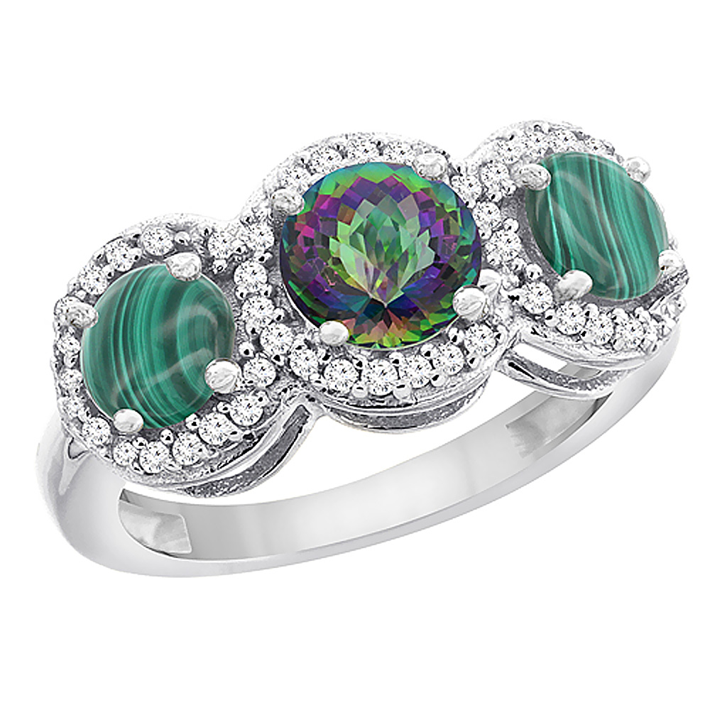 14K White Gold Natural Mystic Topaz & Malachite Sides Round 3-stone Ring Diamond Accents, sizes 5 - 10
