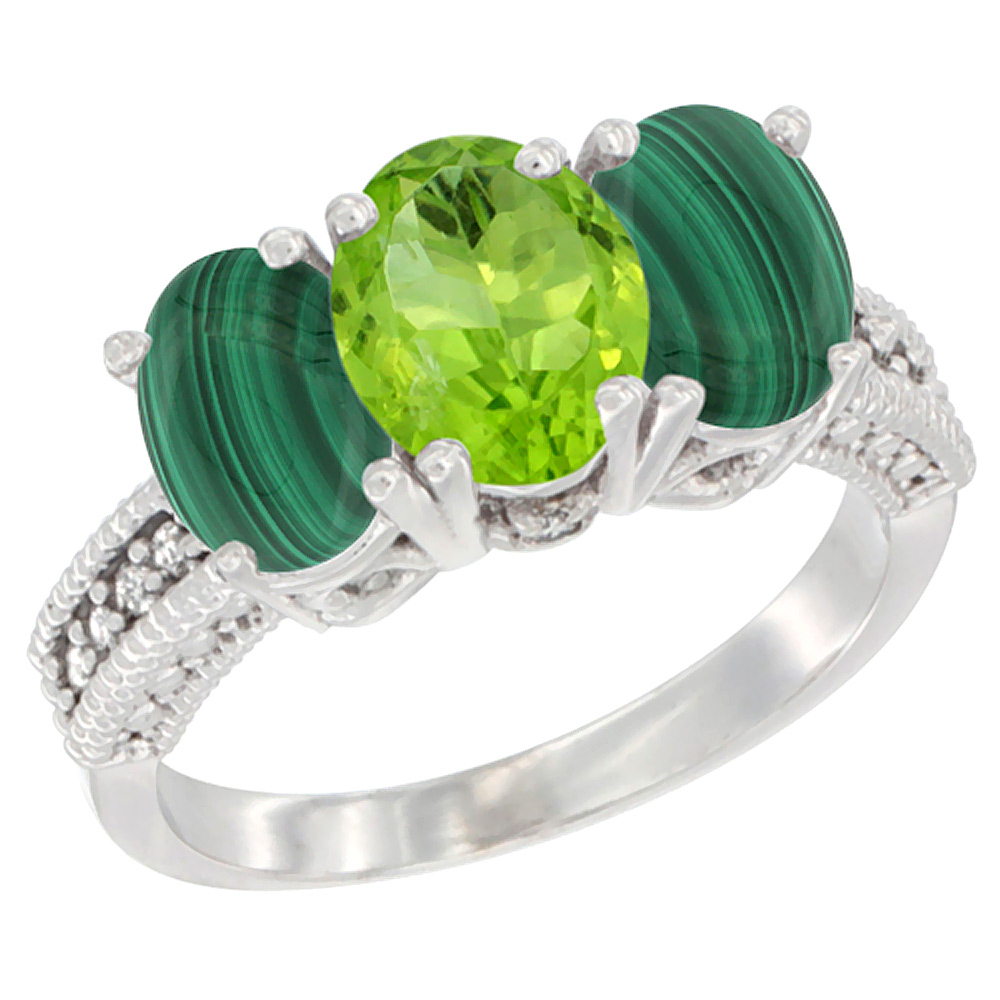 10K White Gold Diamond Natural Peridot & Malachite Ring 3-Stone 7x5 mm Oval, sizes 5 - 10