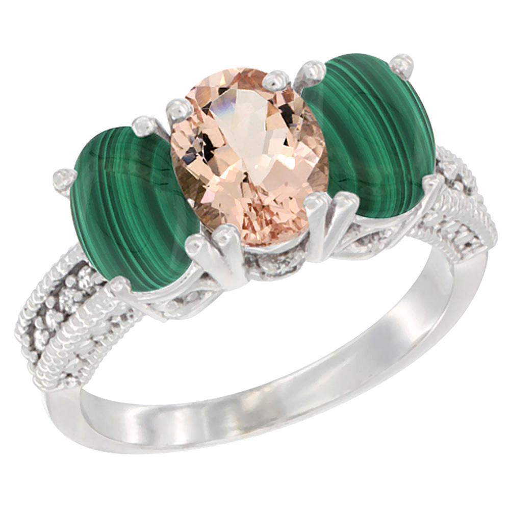 14K White Gold Natural Morganite Ring with Malachite 3-Stone 7x5 mm Oval Diamond Accent, sizes 5 - 10