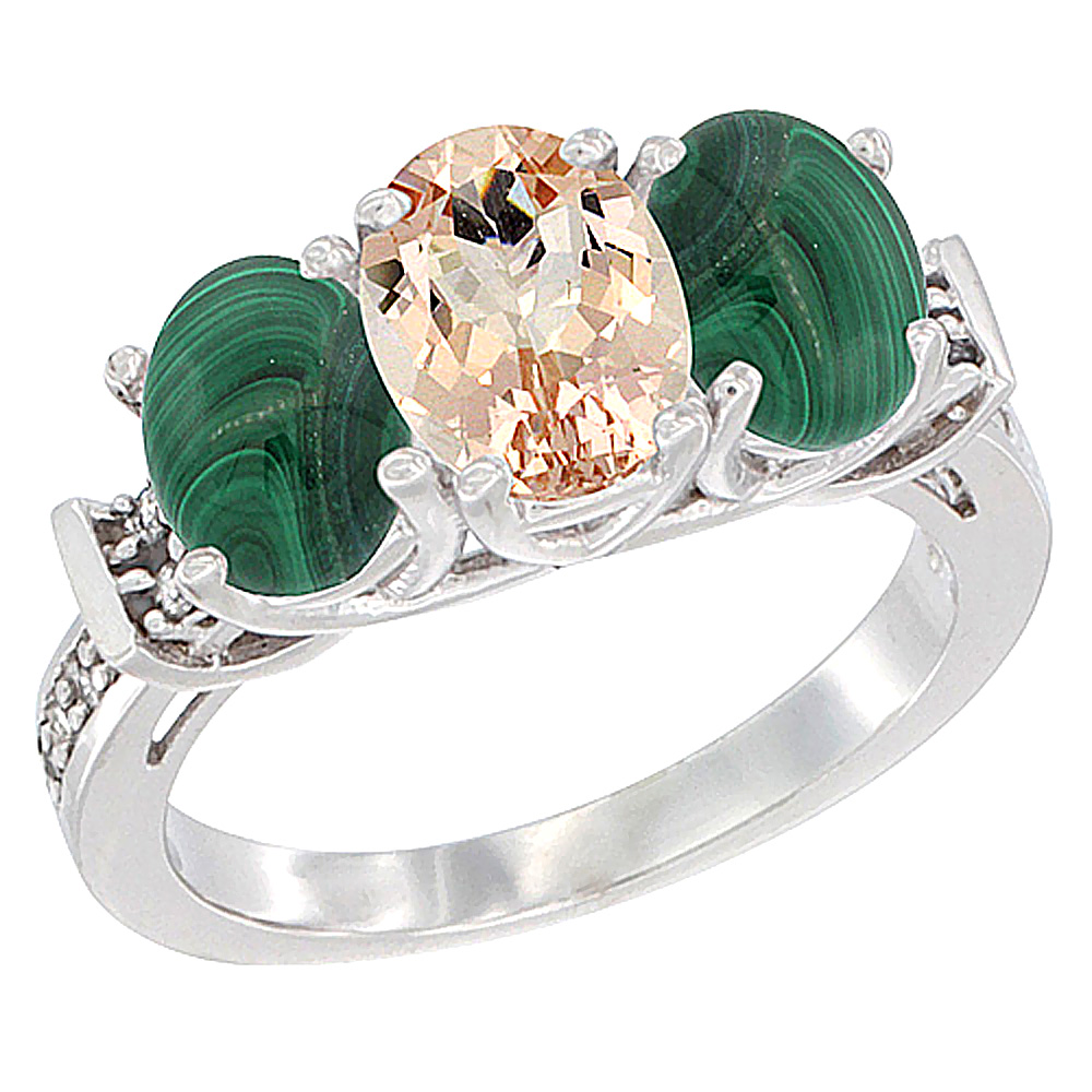 14K White Gold Natural Morganite & Malachite Sides Ring 3-Stone Oval Diamond Accent, sizes 5 - 10