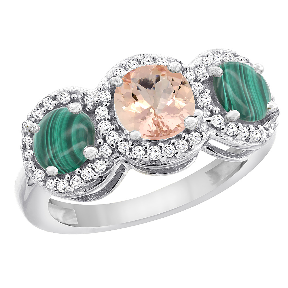 14K White Gold Natural Morganite & Malachite Sides Round 3-stone Ring Diamond Accents, sizes 5 - 10