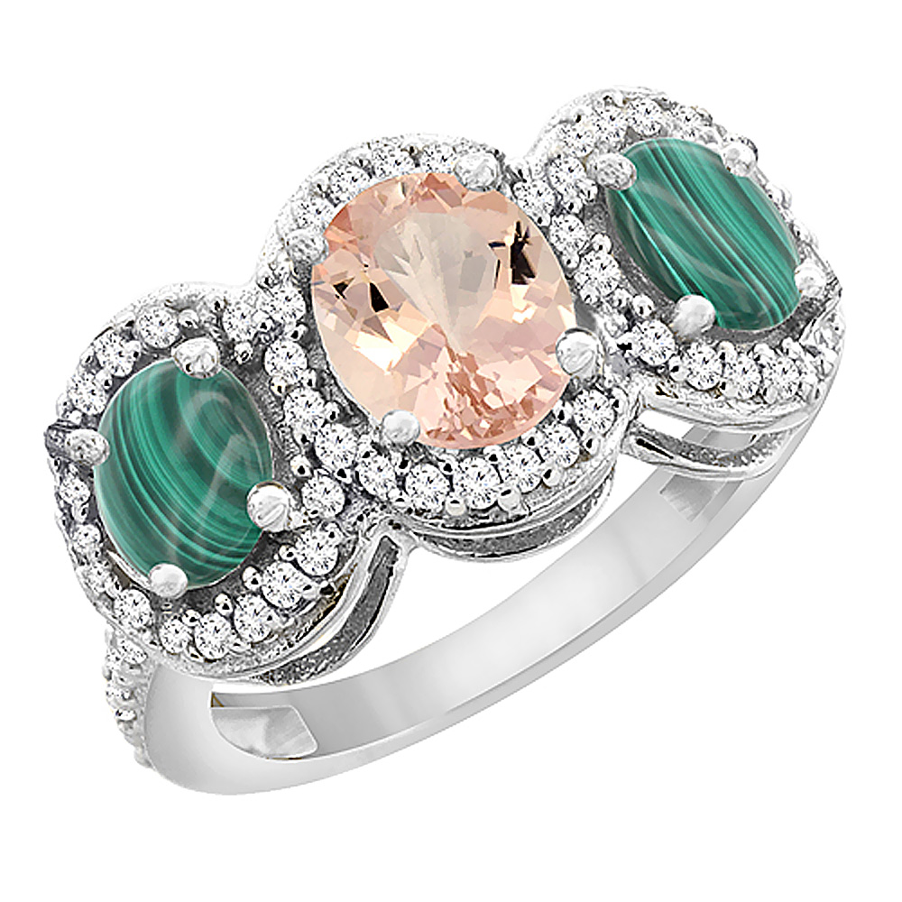 14K White Gold Natural Morganite & Malachite 3-Stone Ring Oval Diamond Accent, sizes 5 - 10
