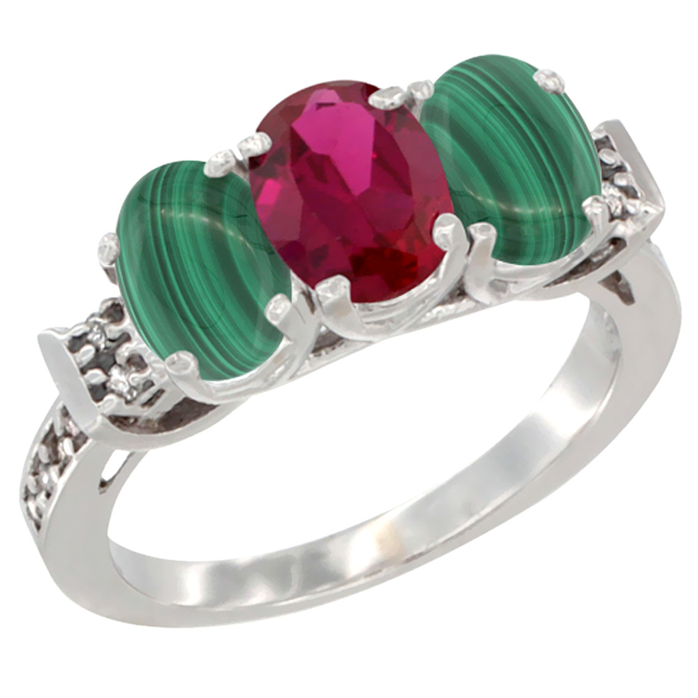 10K White Gold Enhanced Ruby & Natural Malachite Sides Ring 3-Stone Oval 7x5 mm Diamond Accent, sizes 5 - 10