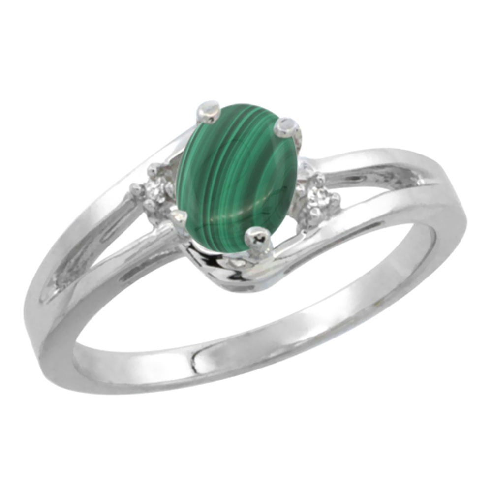 10K White Gold Diamond Natural Malachite Ring Oval 6x4 mm, sizes 5-10