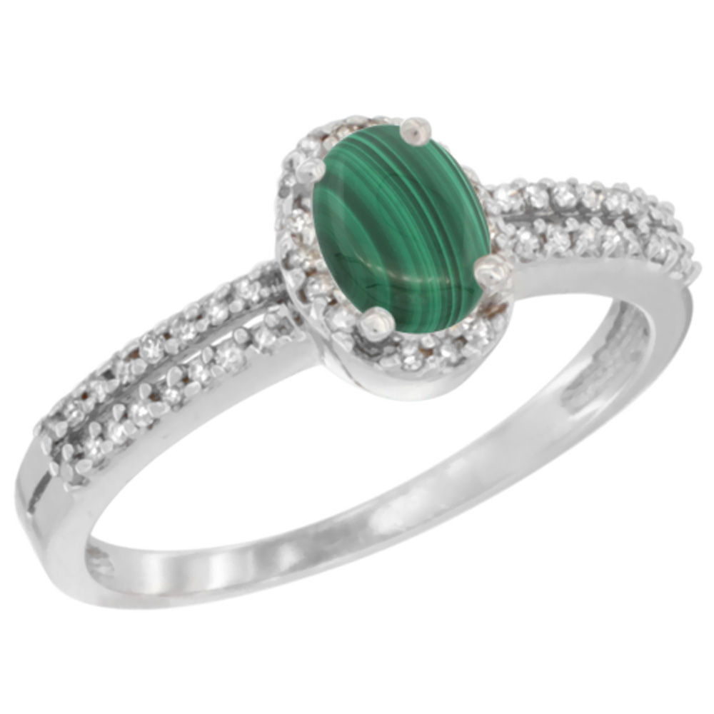 10K White Gold Natural Malachite Ring Oval 6x4mm Diamond Accent, sizes 5-10