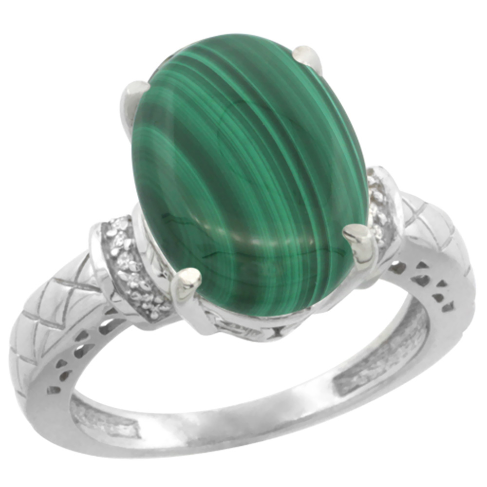 10K White Gold Diamond Natural Malachite Ring Oval 14x10mm, sizes 5-10