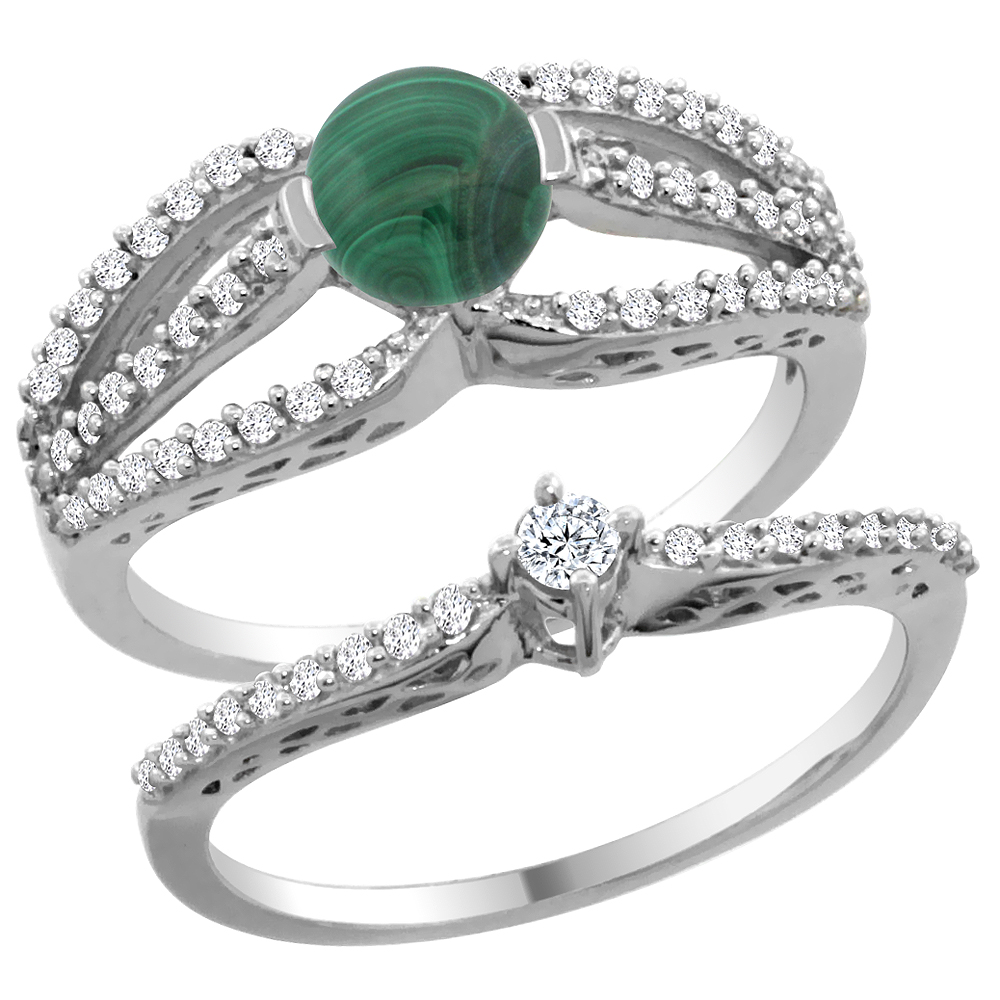 14K White Gold Natural Malachite 2-piece Engagement Ring Set Round 5mm, sizes 5 - 10