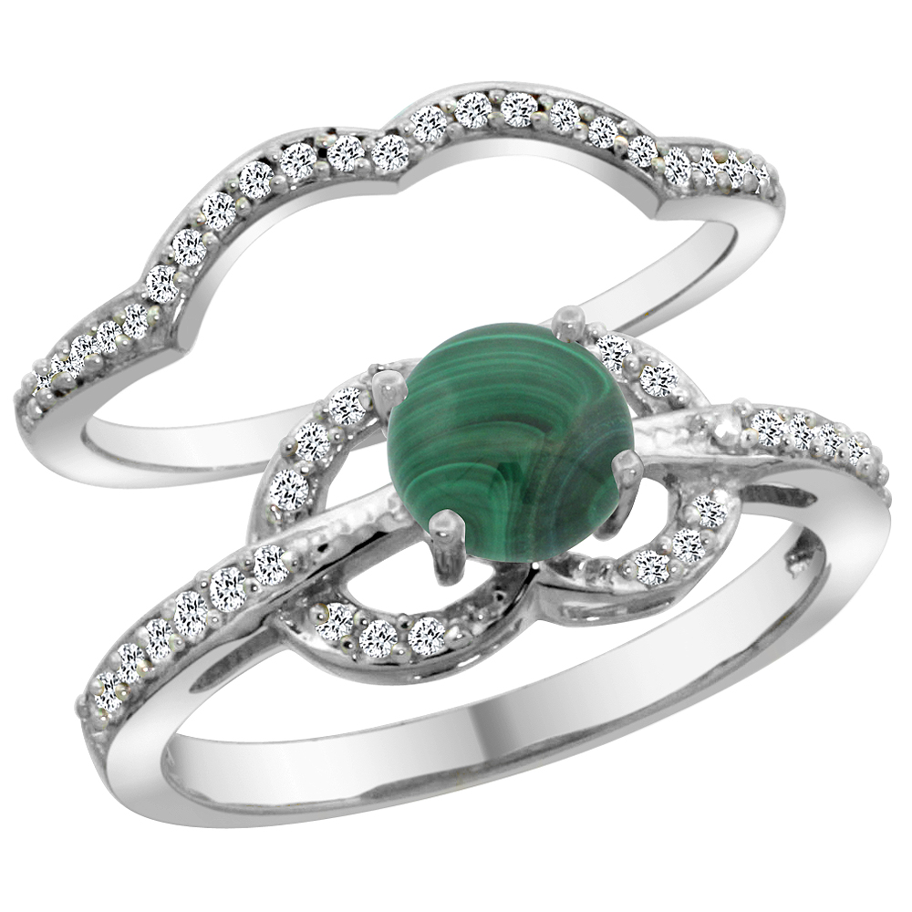 14K White Gold Natural Malachite 2-piece Engagement Ring Set Round 6mm, sizes 5 - 10