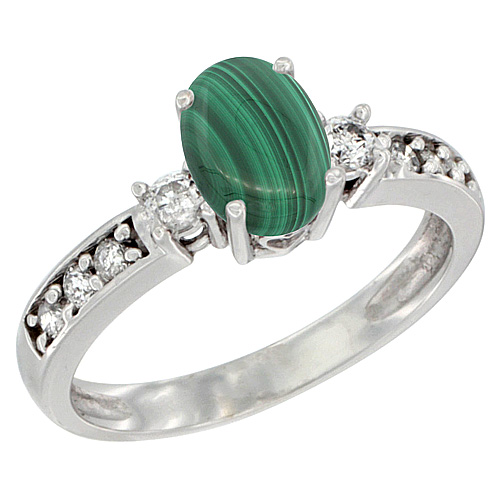 10k White Gold Natural Malachite Ring Oval 7x5 mm Diamond Accent, sizes 5 - 10