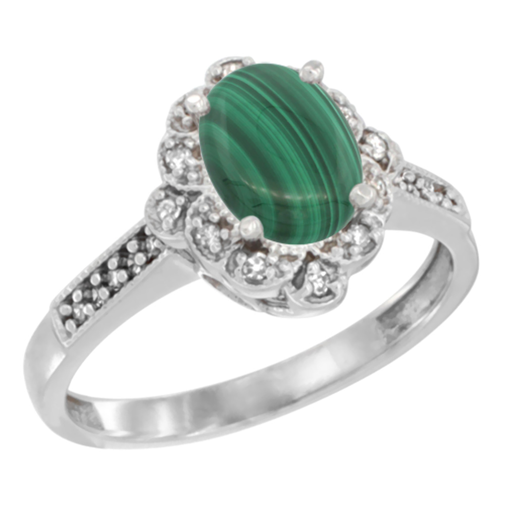 10K White Gold Natural Malachite Ring Oval 8x6 mm Floral Diamond Halo, sizes 5 - 10