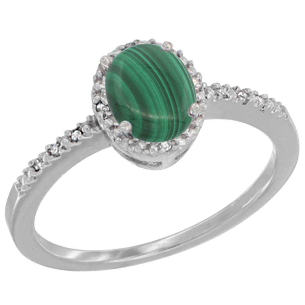 10K White Gold Diamond Natural Malachite Engagement Ring Oval 7x5 mm, sizes 5 - 10