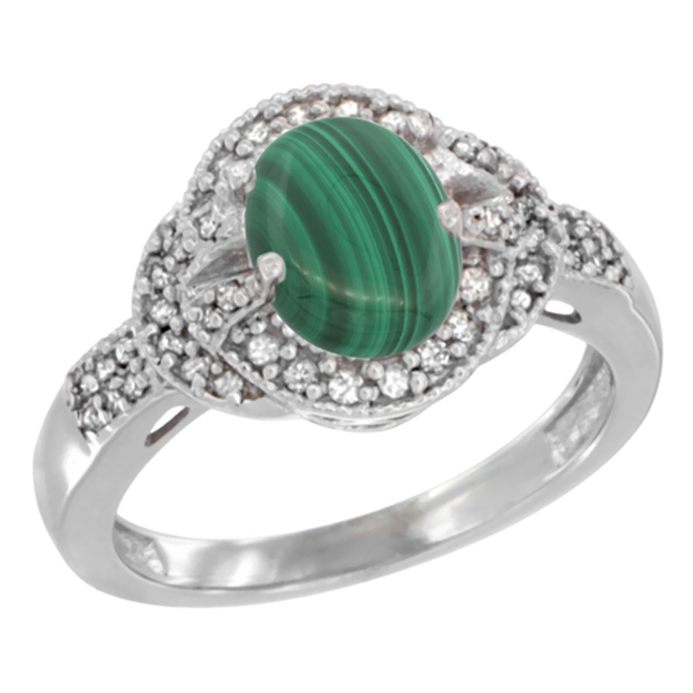 10K White Gold Natural Malachite Ring Oval 8x6 mm Diamond Accent, sizes 5 - 10